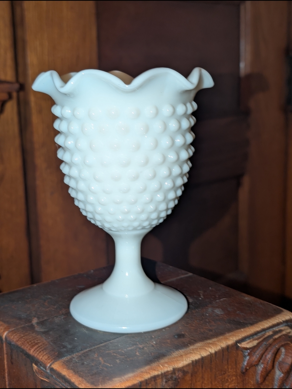 Vintage Smith Glass Footed Ivy Vase Hobnail Pattern Milk Glass Ruffled Rim 1960s